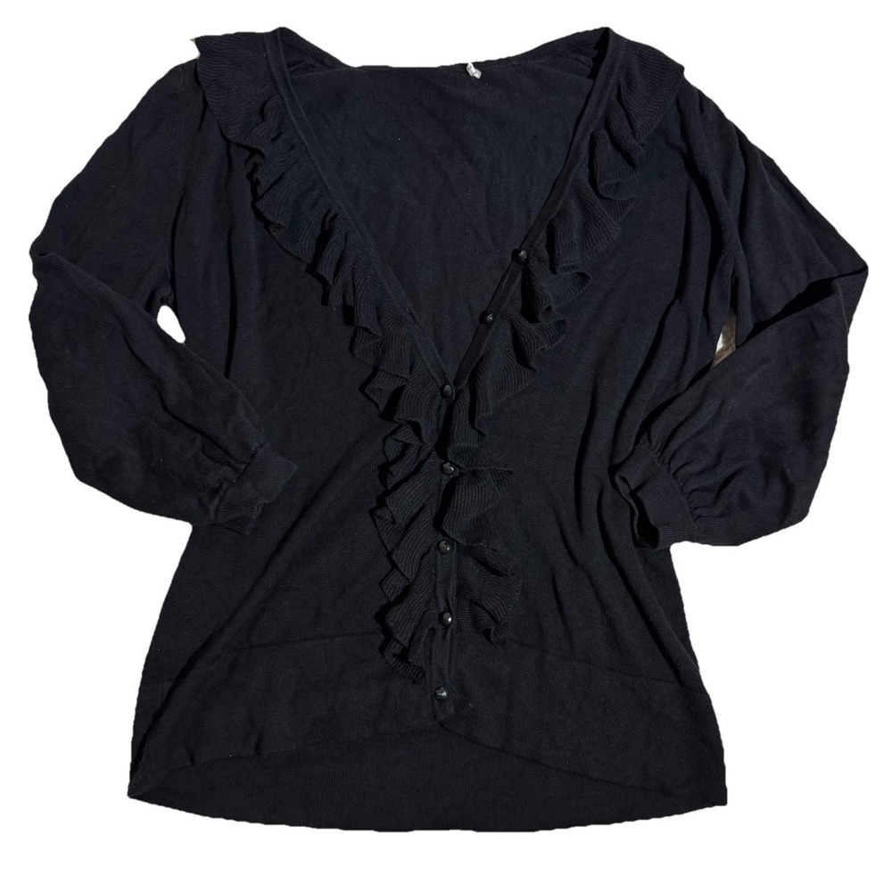 Women's Black Ruffle Knit Cardigan Sweater‎ Button Size Medium Whimsigoth Boho